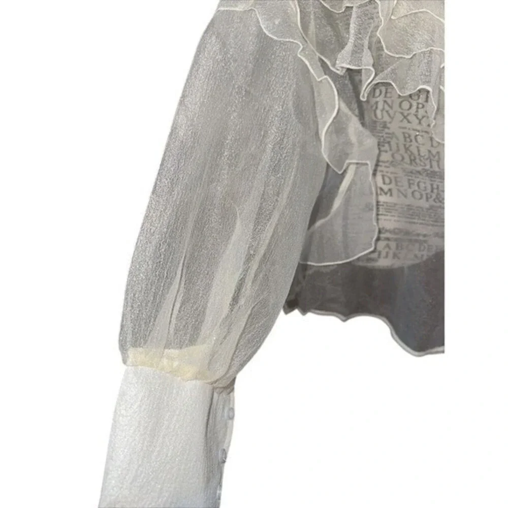 Womens Ivory Sheer Blouse 4XL Avant Garde Ruffle Barrel Cuff Runway Flirty Milan